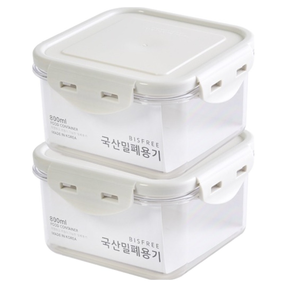 QUIDNOVI 국내산 정사각 밀폐용기 화이트, 2개, 800ml
