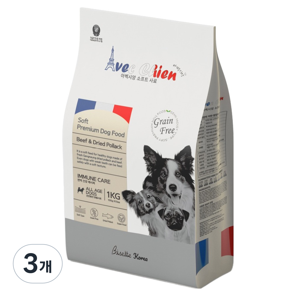 아벡시앙 강아지 프리미엄 소프트 전연령 사료, 소+황태, 1kg, 3개