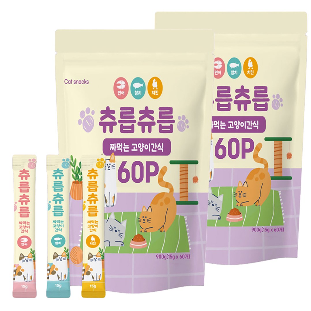 츄릅츄릅 짜먹는 고양이간식 60스틱 혼합팩 헤어볼케어, 2개, 연어+치킨+참치, 15g, 120개