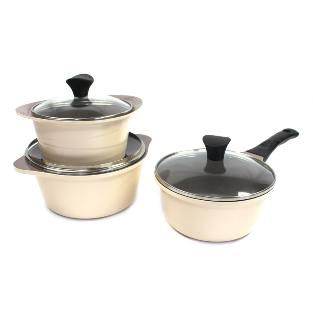 키친아트 밀크베이지 세라믹 냄비 3종 세트, 베이지, 1세트, 양수냄비16cm+20cm+편수냄비 18cm