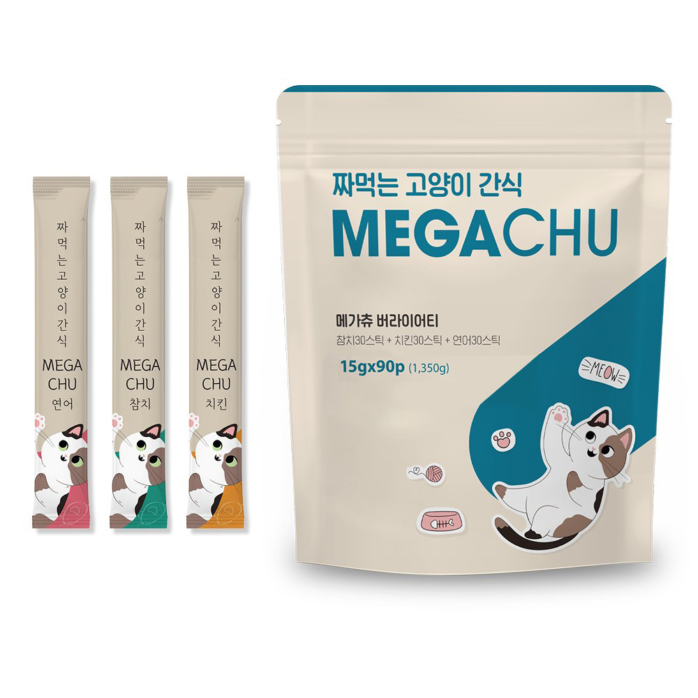 다시 돌아온 메가츄 짜먹는 고양이 간식 츄 90스틱 대용량, 2개, 연어+치킨+참치, 15g, 180개